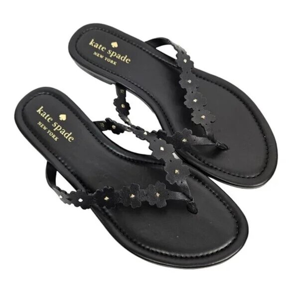 KATE SPADE Daisy Leather Thong Flat Sandals Studded Flowers Black - Picture 1 of 6